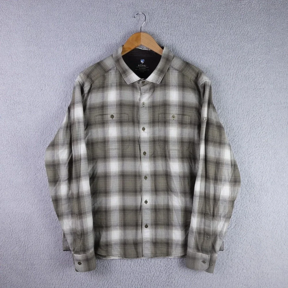 Kuhl Mens XL Brown White Plaid Long Sleeve Button Down Shirt Dual Pocket